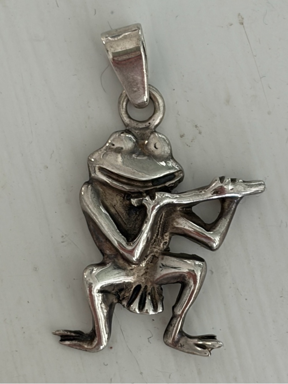 Vintage Sterling Silver Frog Playing Flute Pendant Charm Mexico Whimsical